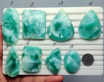 May include: Eight polished, smooth, light green and white cabochon gemstones arranged on a white grooved display tray. The stones feature varied shapes including oval, rectangular, and teardrop. A US dime is placed next to the eighth stone.