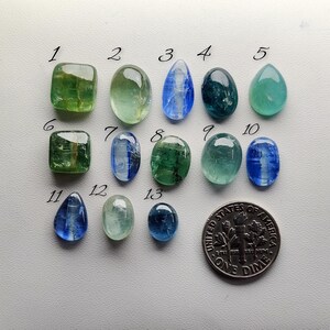 Puede incluir: Una colección de trece piedras preciosas pulidas de varias formas y colores, incluyendo verde, azul y turquesa. Se incluye una moneda de diez centavos estadounidense para comparar el tamaño. Las piedras preciosas están numeradas del 1 al 13.