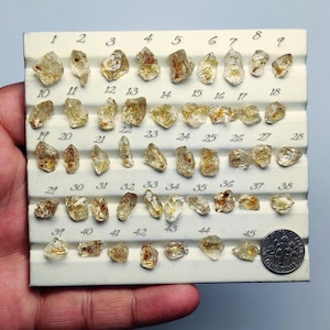 May include: A display of 45 rough, golden-yellow gemstones, each numbered, arranged on a white grid. The gemstones vary in size and shape, with some showing reddish-brown inclusions. A coin is included for size reference.