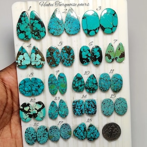 Può includere: Una collezione di coppie di turchese Hubei disposte su un espositore bianco, numerate da 1 a 18. Le pietre presentano varie forme, tra cui goccia, ovale e rettangolare, con vivaci tonalità blu e verdi e motivi a matrice scura.
