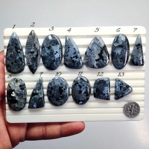 May include: A collection of thirteen polished labradorite gemstones in various shapes, including teardrop, oval, and triangular. The stones display a mix of dark gray and blue hues with iridescent flashes, arranged on a white tray.