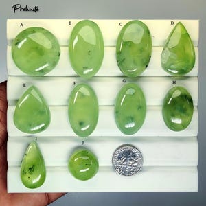 Op de afbeelding: Een verzameling van tien prehnite edelstenen in verschillende vormen, waaronder ovaal, druppelvormig en rond. De edelstenen zijn een doorschijnende lichtgroene kleur, met enkele donkere insluitsels. Een Amerikaanse dime is inbegrepen ter referentie van de grootte. Het woord "Prehnite" staat bovenaan.