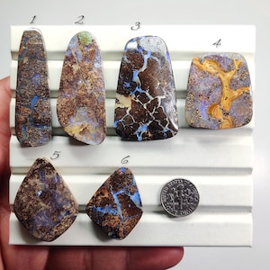 Puede incluir: Colección de seis piedras preciosas de ópalo pulidas en varias formas. Los ópalos muestran una mezcla de colores marrón, azul y amarillo con patrones únicos. Se incluye una moneda como referencia de tamaño. Los ópalos se exhiben sobre una superficie blanca.
