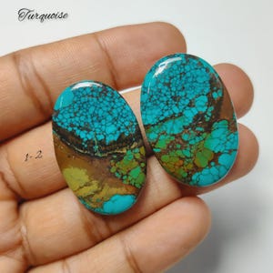 Può includere: Due cabochon di turchese di forma ovale caratterizzati da un vibrante colore blu-verde con un intricato motivo a matrice marrone scuro. Le pietre presentano una superficie lucida e liscia con variazioni di colore naturali. Il testo "Turquoise" e "1-2" è visibile.