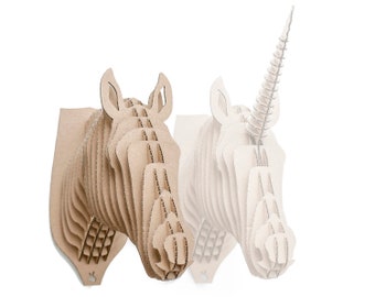 Alex - horse (or unicorne) trophy. Animal for self-assembly made of ecological cardboard. 3D DIY Puzzle sculpture.