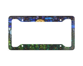 Stained Glass Moon License Plate Frame | Floral Border Car Trim