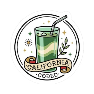 May include: A round sticker featuring a green drink in a glass with a straw. The drink is layered with light green and white. The sticker has a black border with the words "CALIFORNIA CODED" on a banner.