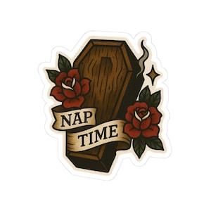 American Traditional Coffin Naptime Sticker - Funny Gothic Tattoo Style Sticker, Spooky Decor Decal, Laptop Case Decal
