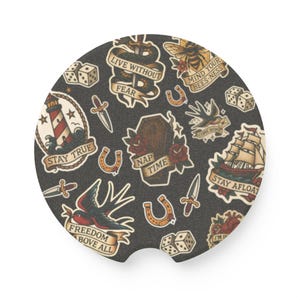 Ed Hardy Inspired Car Coasters - American Traditional Tattoo Design, Cup Holder Coasters, Unique Car Accessories