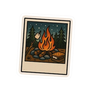 アメリカの伝統的なキャンプファイヤーのポラロイドステッカー - アドベンチャー、ラップトップステッカー、アウトドア愛好家へのギフト、自然の雰囲気