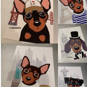 Travel the World BT2MPS Min Pin Miniature Pinscher DACHSHUND Sausage Dog Paris Eiffel Tower London Cali NY Illustration Personalized  Print