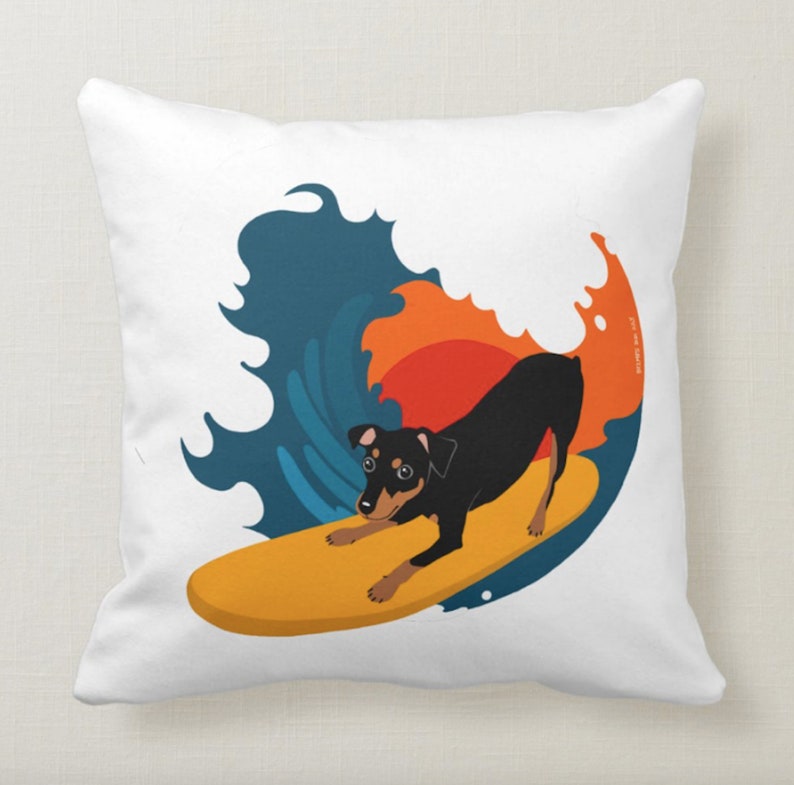 May include: A black and brown dog is surfing on a yellow surfboard in a blue wave with an orange sunset in the background.