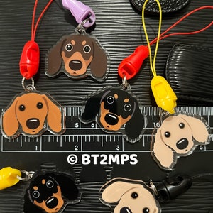 Op de afbeelding: Zes sleutelhangers met teckel-bedels in verschillende kleuren. De bedels zijn gemaakt van helder acryl met een cartoonafbeelding van een teckel. De bandjes zijn rood, geel, wit en zwart.