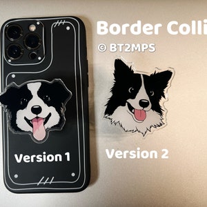 Op de afbeelding: Twee versies van een Border Collie telefoonhoesje. De eerste versie is een zwarte telefoonhoesje met een witte rand en een zwart-wit Border Collie gezicht op de achterkant. De tweede versie is een transparant telefoonhoesje met een zwart-wit Border Collie gezicht op de achterkant. Beide hoesjes hebben de tekst "Border Collie" en "BT2MPS" erop.