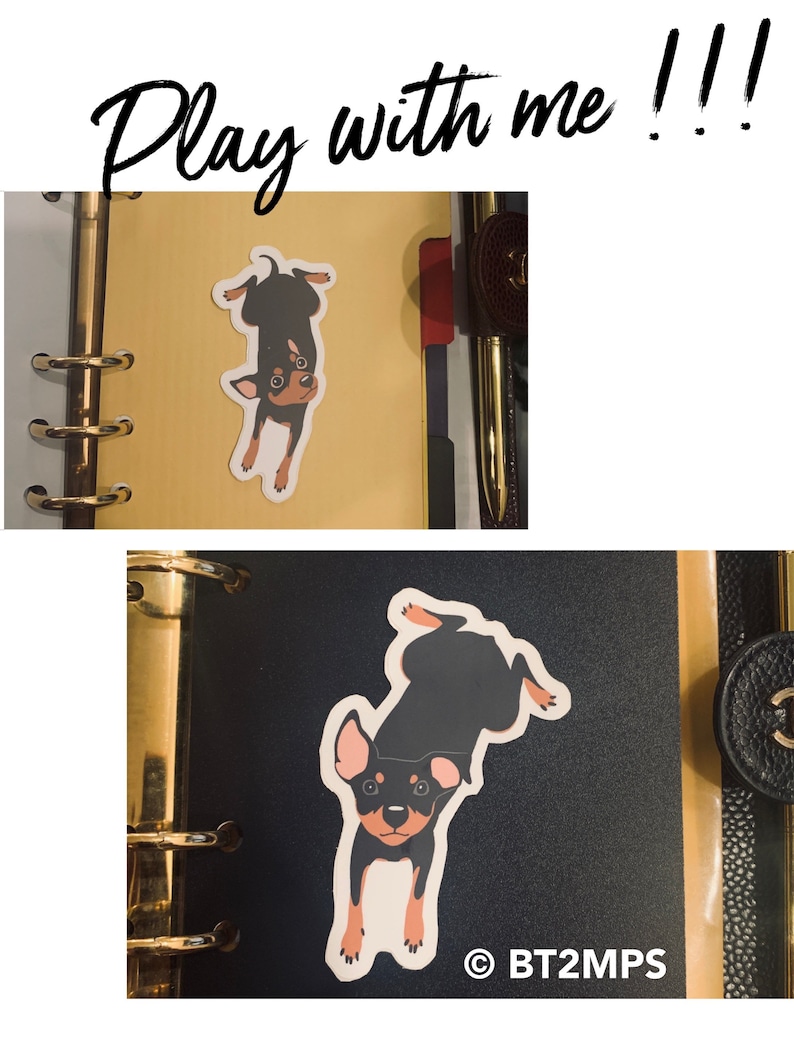 Puede incluir: Una pegatina de perro negro y marr&oacute;n con el texto "Play with me!!!" sobre un fondo amarillo. La pegatina est&aacute; en una agenda negra.
