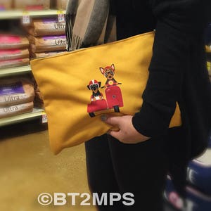 Bolso de mano plano con cremallera para llevar todo, con diseño de perro pinscher miniatura, para montar en Vespa, scooter y motocicleta
