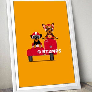 Min Pin POP ART Miniature Pinscher Dog Riding Vespa Scooter Motorbike sidecar Art Print