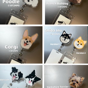 Op de afbeelding: Een verzameling heldere acryl badge reels met illustraties van verschillende hondenrassen: Poedel, Franse Bulldog, Corgi, Shiba Inu, Border Collie en Yorkshire Terrier. Elke reel heeft een kaarthouder.