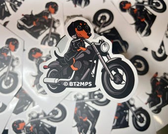 Pegatina de perro salchicha motero: Perro salchicha en motocicleta - Vinilo impermeable