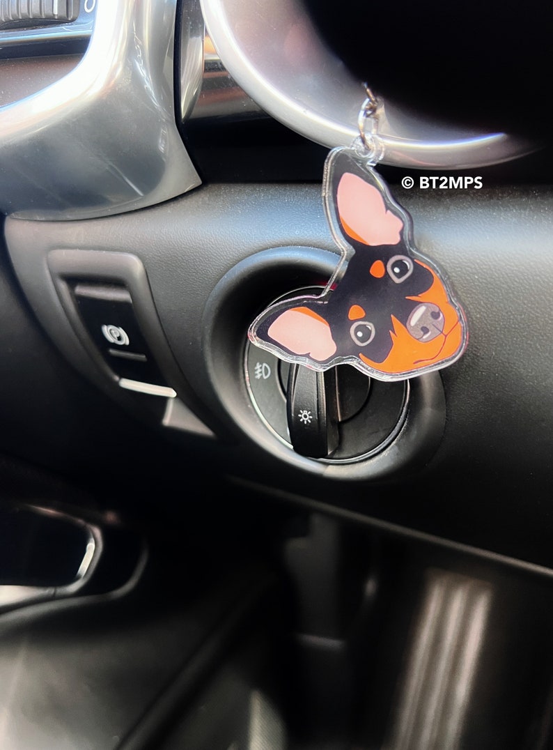 May include: A black and orange dog charm hanging from a car's dashboard. The charm is made of clear acrylic and features a cartoon dog with big eyes. The charm is hanging from a silver chain.