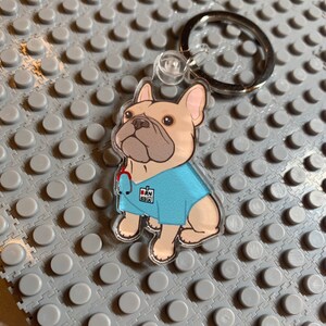 Op de afbeelding: Een heldere acryl sleutelhanger met een cartoon Franse Bulldog die een blauwe scrub top en een rode stethoscoop draagt. De hond heeft een bruine vacht en draagt een verpleegstersuniform met de letters "RN" op de borst.