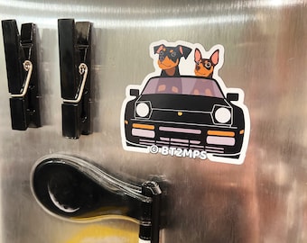 Min Pin Car Ride in a 944 Magnet / Sticker - Miniature Pinscher - Dog Magnets for Fridge - Pet Owner Sticker for Car