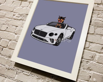 Impresión artística de ilustración de Bentley Convertible con perro Min Pin