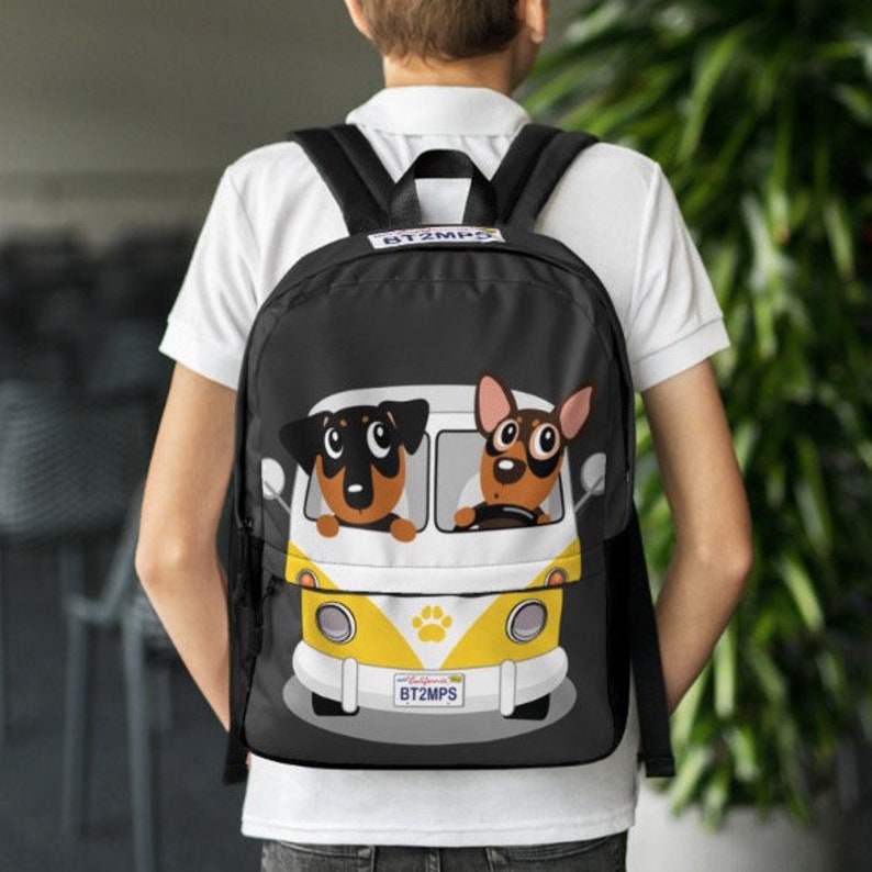 Dog Min Pin Brothers Driving Volkswagen Bus VW Backpack Back to School Custom School Bag Miniature Pinscher