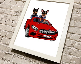 Impresión artística de perro Min Pin: Ilustración de un coche descapotable rojo