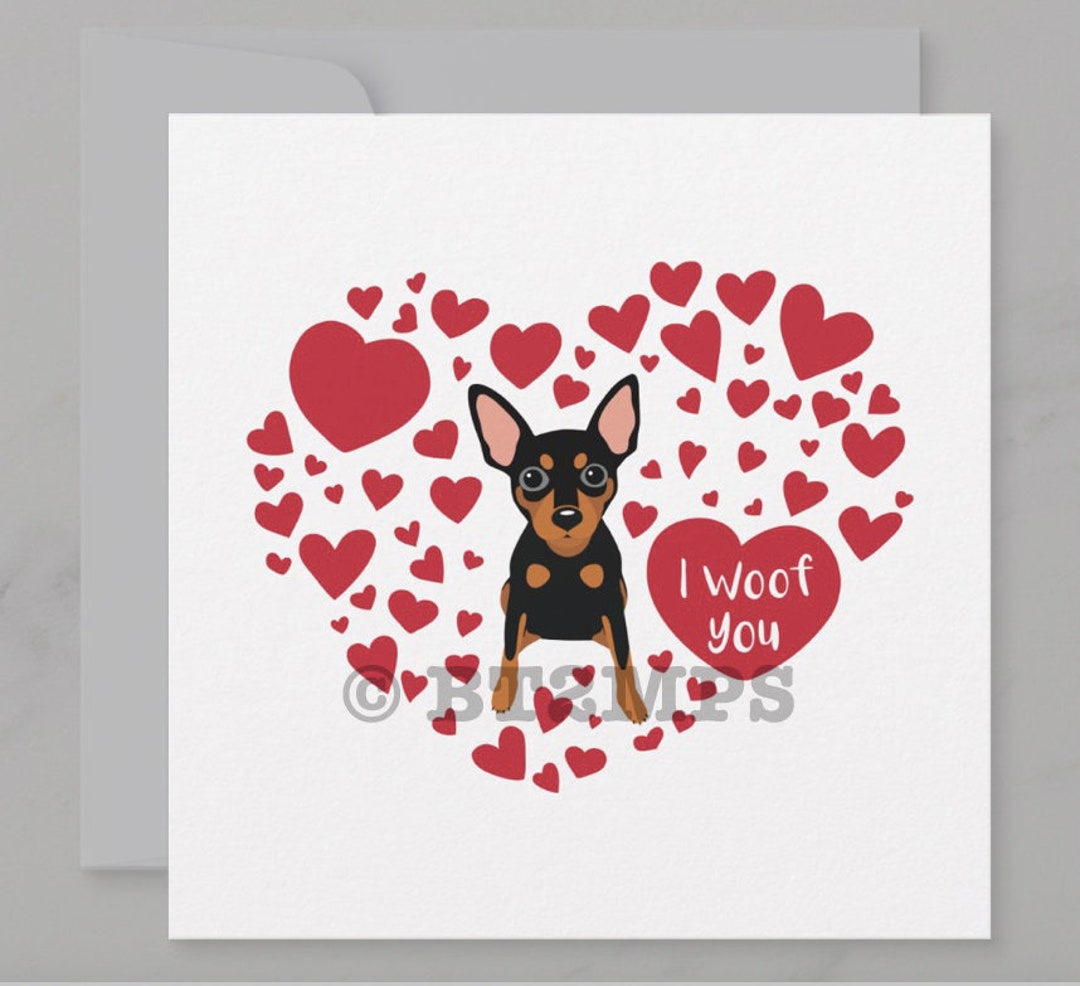 Illustration Min Pin Miniature Pinscher I Woof / Love You Hearts