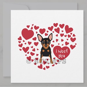 Ilustración Min Pin Pinscher miniatura Te amo corazones Tarjeta de San Valentín