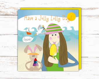 Jolly Lolly Day 'Bunny at the Beach' Card - for Birthday Fun and more!