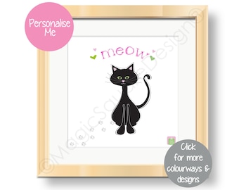 May include: A framed print featuring a black cat illustration with green eyes, a pink nose, and whiskers. The word meow is written in pink above the cat, flanked by small pink and green hearts. A trail of small gray paw prints leads to the cat.