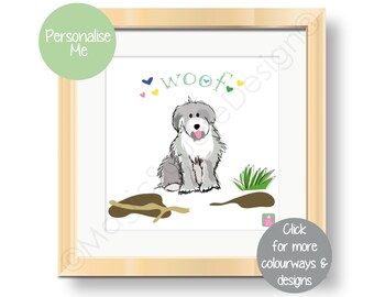 May include: A framed print featuring a cartoon illustration of a grey and white dog sitting in a field. The word woof is written in green above the dog, surrounded by small colorful hearts. There are brown mud puddles and green grass.