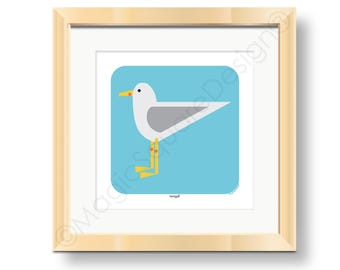 Coastal Seagull Art Print - Contemporary Seaside Illustration in three mount sizes 20, 30, 40cm