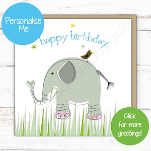 Anniversaires personnalisés et plus encore !  Cartes éléphant et oiseau et impressions d'art. Carte vierge amusante avec un animal joyeux, art contemporain