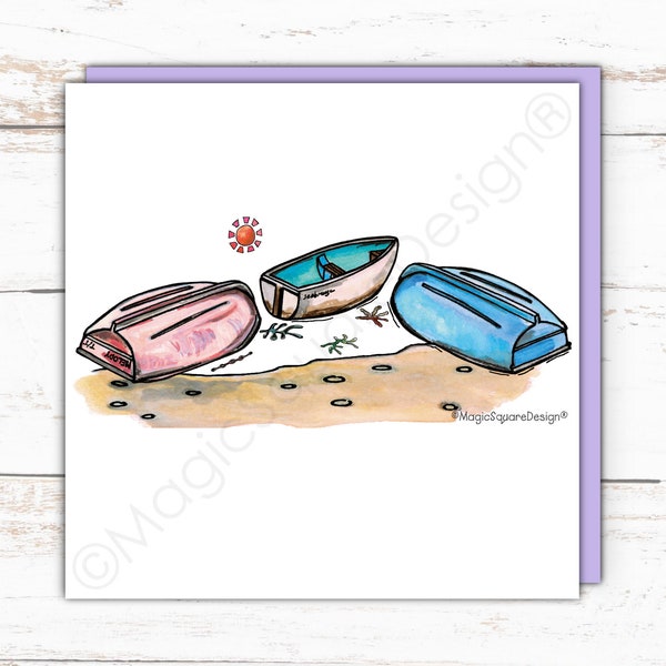 Coastal Dingy, Rowing Boats, Seaside Cards, Seaside Art, Besides the Sea, Harbourside, Cheerful, Blank Cards, Contemporary Greetings Card