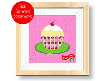May include: A framed square print featuring a cupcake with white frosting and a red cherry on top. The cupcake wrapper has a repeating cherry pattern. The background is pink with a faint cherry outline pattern. A green plate sits below.
