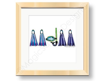 May include: A framed print featuring cartoon illustrations of snorkeling gear. The artwork includes four pairs of colorful swim fins in blue, purple, and pink, and a green and black snorkel mask. The image is set against a white background.