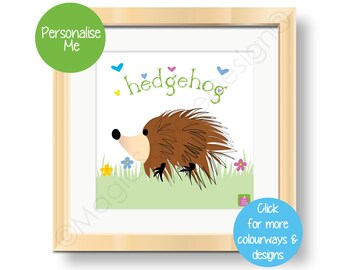 Personalised Hedgehog Animal Art Print - available in three mount sizes.