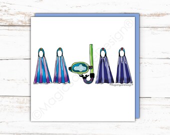 Coastal Snorkel & Flippers Diving Greetings Card, Blank Card, Birthday, Surfer, Active, Sports, Seaside Art