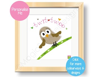 Personalised Little Owl Art Print - available in three mount sizes.
