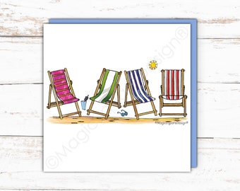 Coastal Deckchairs, Seaside Cards, Nautical Art, Beach Life, Summer Holiday, Modern, Nostalgic, Blank Cards, Contemporary Greetings Card