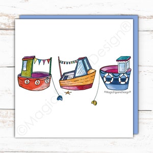 Carte lumineuse côtière de bateaux de pêche - salutations gaies de bord de mer !  Impressions et cartes d'art en bord de mer de Cornouailles.