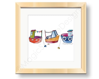 Fishing Boats, Illustrated Art, Coastal Print, Cornish, Seaside Art Print, Digital Print, Window Mounted Frame Ready, Contemporary Artwork