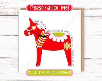 Personalised Scandi Dala Horse Card - For Birthdays and More! Also available as an Art Print.