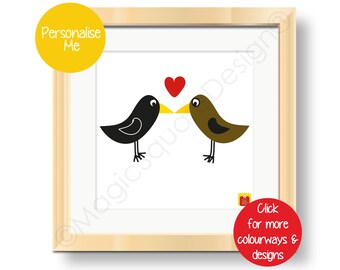 Personalised Kissing Blackbirds Love Art Print - available in three mount sizes.