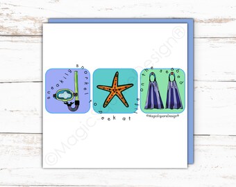 Coastal Snorkelling Diving Seaside Card, Seaside Art, Besides the Sea, Modern, Cheerful, Blank Cards, Contemporary Greetings Card