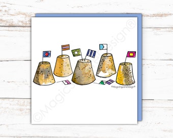 Coastal Sandcastles Seaside Greetings Card, Illustration, Summer Holiday Art, Modern Contemporary Print