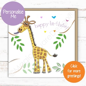 Girafe fantaisiste personnalisée - anniversaire, dire bonjour, imprimé animal, amusement, safari, gai, carte vierge, art animalier contemporain